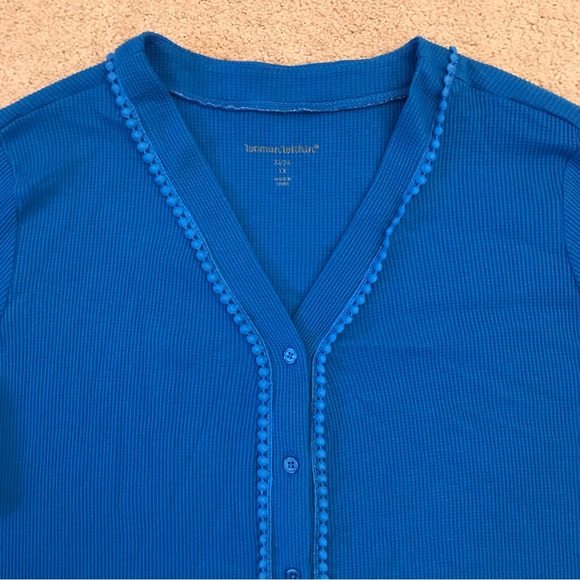 Woman Within Waffle Knit Thermal Tunic Top Plus Size 1X 22 24 Blue Button Down - Picture 2 of 7